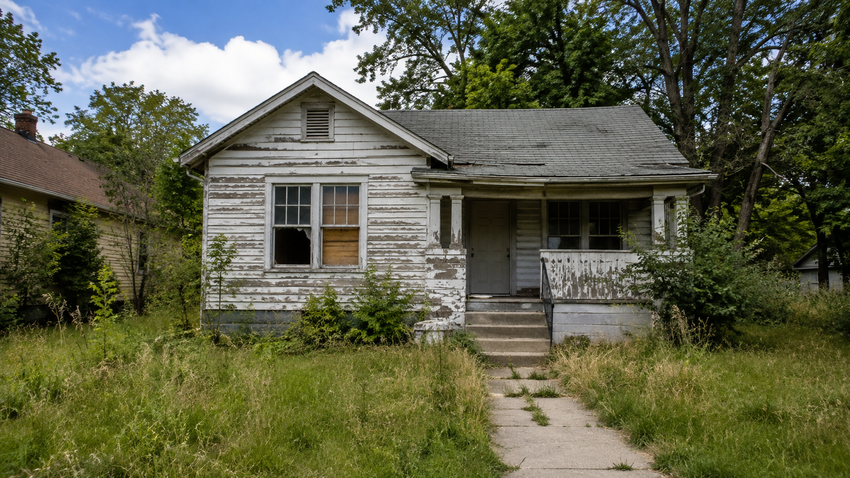 Run down vacant house with overgrown grass