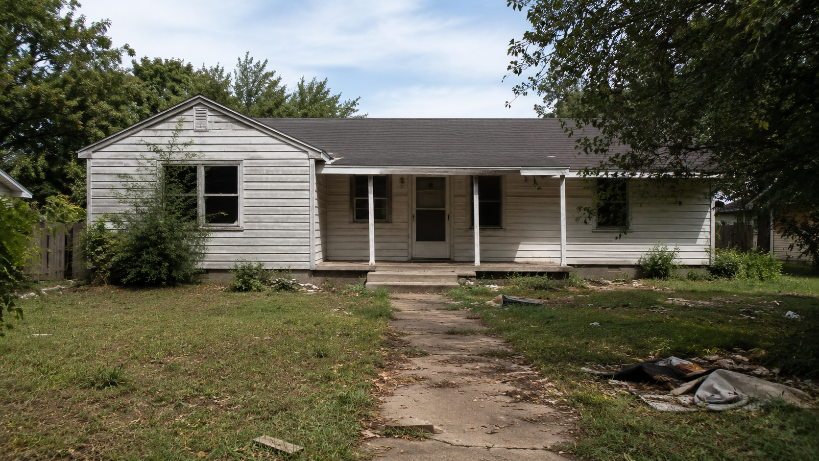 Neglected vacant house with debris in the yard